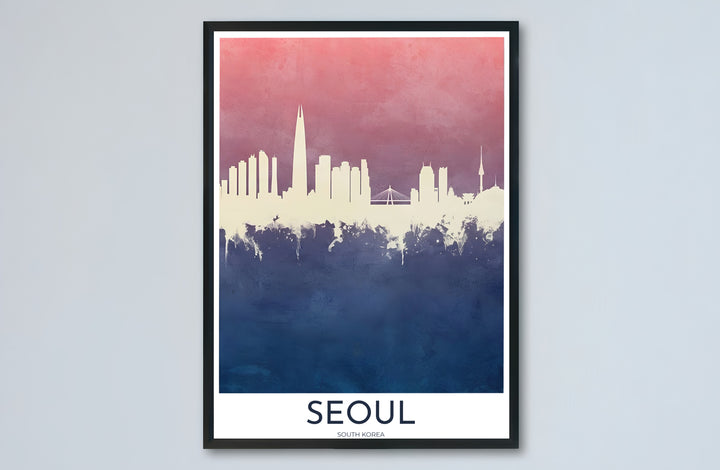 Sophisticated navy blue and pink skyline poster depicting the iconic city horizon of Seoul, South Korea, with clean white margins and modern typography. Offered by MapYourDreams, this artwork is available in flexible options including unframed paper, custom wooden frames, and gallery canvas wraps.
