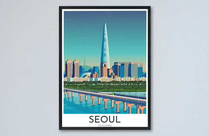 Architectural vector print illustrating the iconic skyline and riverbanks of Seoul South Korea, created by MapYourDreams in versatile forms including unframed prints, wooden frames, and canvas wraps.