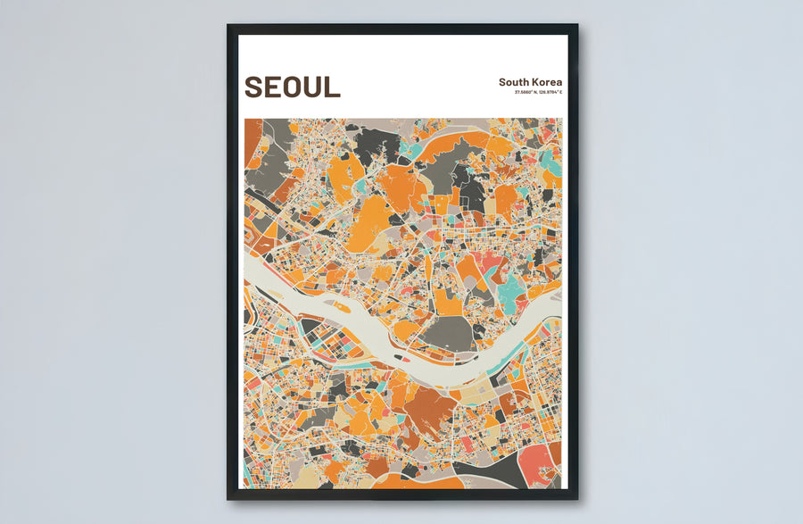 Earthy cartographic wall decor capturing the geometric block patterns of Seoul, South Korea, offered by MapYourDreams in versatile choices including unframed matte paper, wooden frames, and canvas wraps that transform empty room walls into sophisticated art displays.