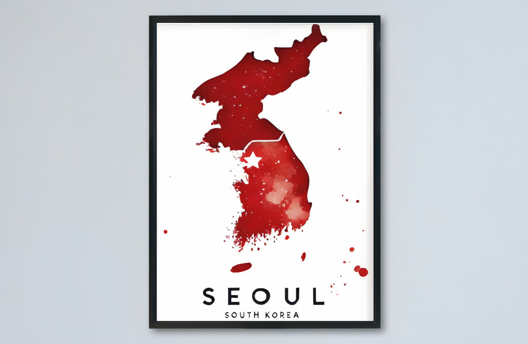Dynamic red watercolor wall decor capturing the iconic silhouette of the Korean peninsula and Seoul, South Korea, offered by MapYourDreams in versatile choices including unframed matte paper, wooden frames, and canvas wraps that transform empty room walls into focal art displays.