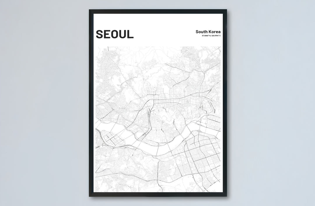 Dynamic monochromatic city map wall decor illustrating the street plan and han river across seoul, offered by MapYourDreams in versatile choices including unframed matte paper, wooden frames, and canvas wraps that convert bare room walls into striking focal points.