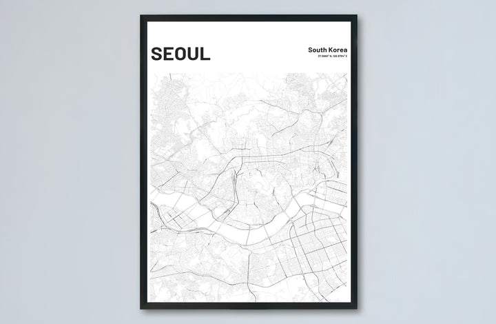Dynamic monochromatic city map wall decor illustrating the street plan and han river across seoul, offered by MapYourDreams in versatile choices including unframed matte paper, wooden frames, and canvas wraps that convert bare room walls into striking focal points.