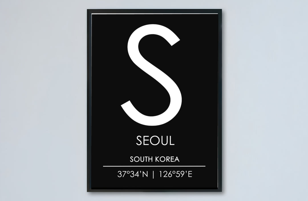 Dynamic monochromatic initial letter S wall decor illustrating seoul south korea text and coordinates, offered by MapYourDreams in versatile choices including unframed matte paper, wooden frames, and canvas wraps that convert bare room walls into striking focal points.