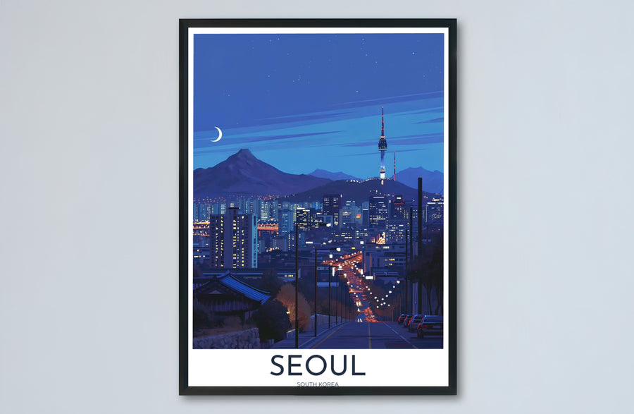 Architectural night skyline wall decor capturing the lit N Seoul Tower and crescent moon in South Korea, offered by MapYourDreams in versatile choices including unframed matte paper, wooden frames, and canvas wraps that transform empty room walls into captivating art displays.
