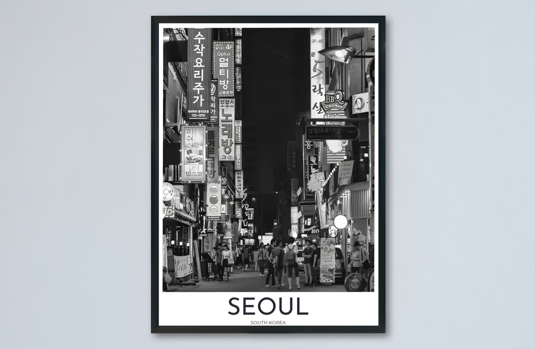 Architectural street scene wall decor capturing a night alley in Seoul South Korea with high-contrast shadows, offered by MapYourDreams in versatile choices including unframed matte paper, wooden frames, and canvas wraps that transform empty room walls into captivating art displays.