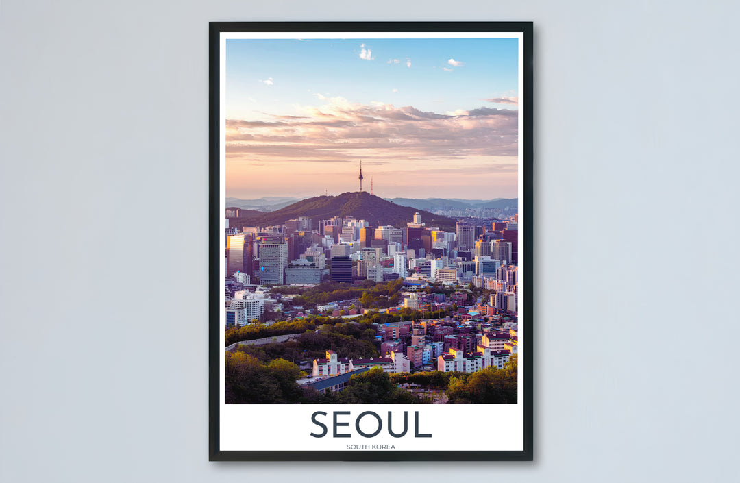 Panoramic style evening skyline poster showing N Seoul Tower rising above the sunset horizon of Seoul South Korea, created by MapYourDreams in flexible formats including unframed prints, retro black frames, and stretched canvas that serve as striking statement wall art.