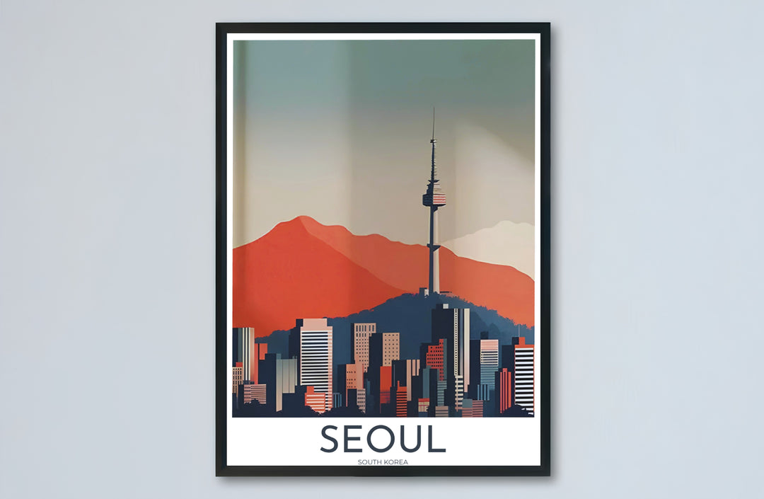 Architectural vector wall decor capturing N Seoul Tower atop Namsan Mountain with skyscraper silhouettes in South Korea, offered by MapYourDreams in versatile choices including unframed matte paper, wooden frames, and canvas wraps that transform empty room walls into captivating art displays.