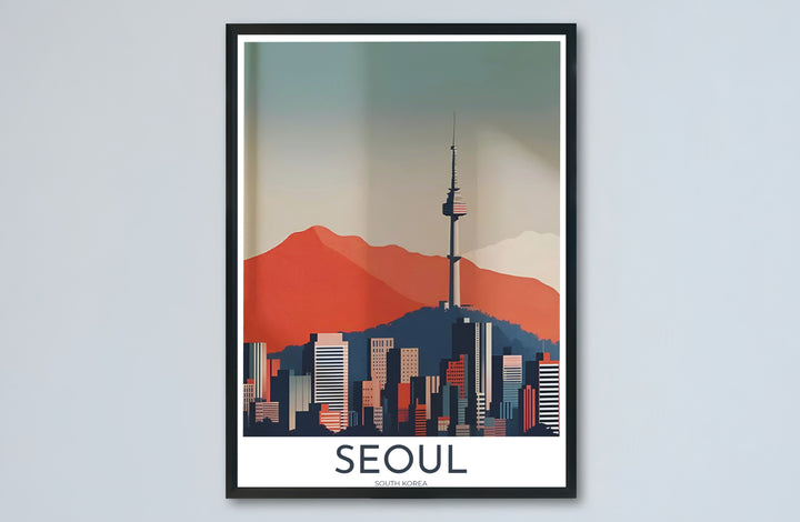 Architectural vector wall decor capturing N Seoul Tower atop Namsan Mountain with skyscraper silhouettes in South Korea, offered by MapYourDreams in versatile choices including unframed matte paper, wooden frames, and canvas wraps that transform empty room walls into captivating art displays.
