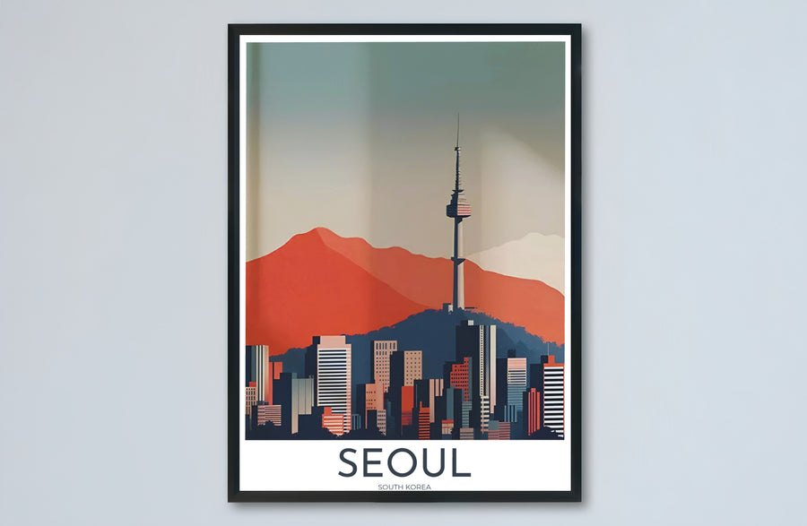 Architectural vector wall decor capturing N Seoul Tower atop Namsan Mountain with skyscraper silhouettes in South Korea, offered by MapYourDreams in versatile choices including unframed matte paper, wooden frames, and canvas wraps that transform empty room walls into captivating art displays.