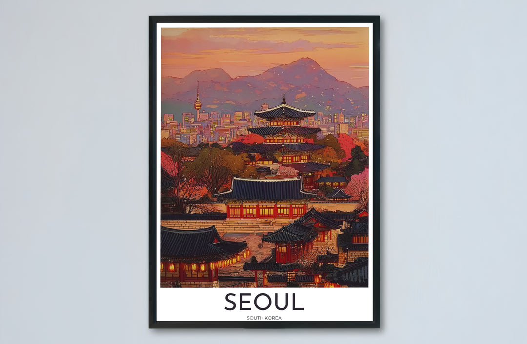 Architectural dusk wall decor capturing a traditional Korean pagoda under twilight clouds in South Korea, offered by MapYourDreams in versatile choices including unframed matte paper, wooden frames, and canvas wraps that transform empty room walls into captivating art displays.