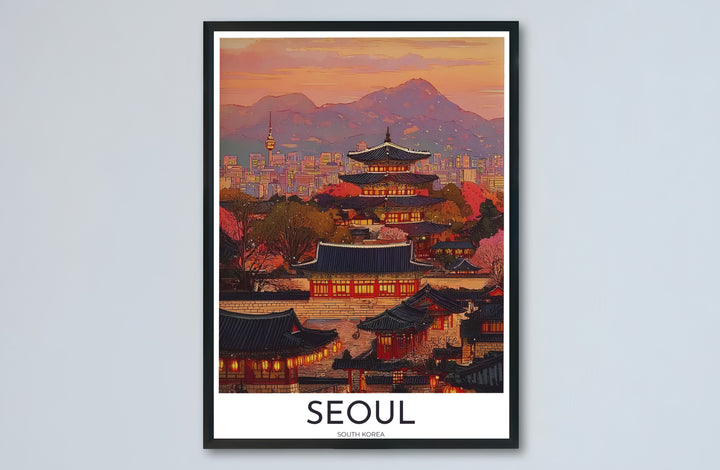 Architectural dusk wall decor capturing a traditional Korean pagoda under twilight clouds in South Korea, offered by MapYourDreams in versatile choices including unframed matte paper, wooden frames, and canvas wraps that transform empty room walls into captivating art displays.