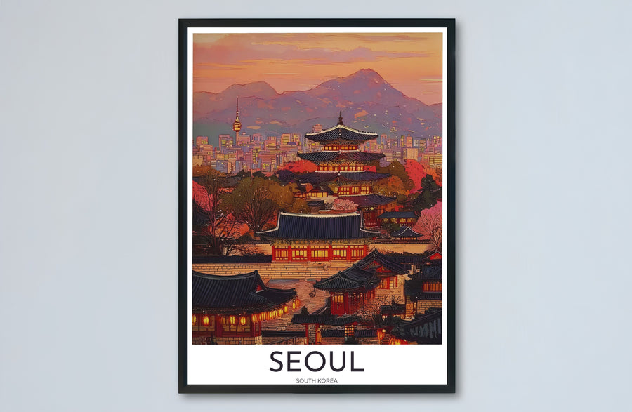 Architectural dusk wall decor capturing a traditional Korean pagoda under twilight clouds in South Korea, offered by MapYourDreams in versatile choices including unframed matte paper, wooden frames, and canvas wraps that transform empty room walls into captivating art displays.