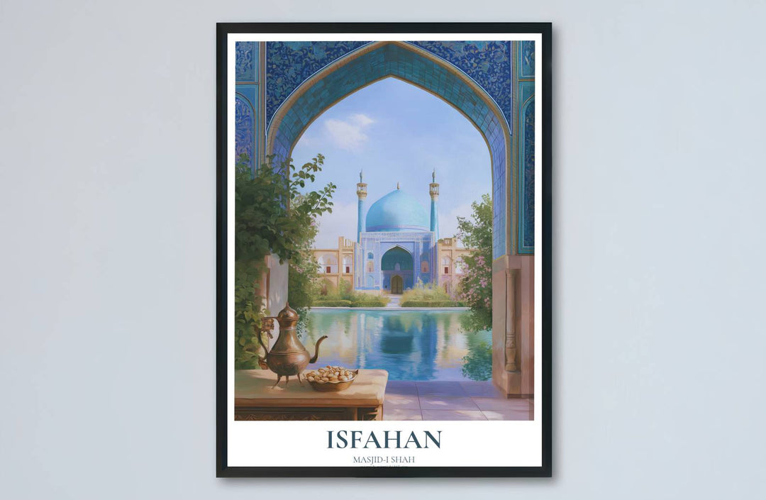 Persian travel art print of the Shah Mosque in Isfahan showcasing a traditional brass tea service, water reflections, and blue tile arches. Made by MapYourDreams, this artwork is available in flexible options including unframed paper, custom wooden frames, and gallery canvas wraps for living space wall art.