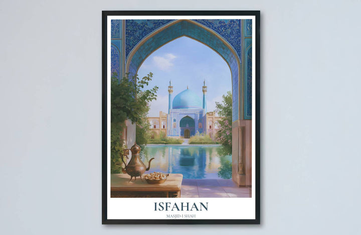 Persian travel art print of the Shah Mosque in Isfahan showcasing a traditional brass tea service, water reflections, and blue tile arches. Made by MapYourDreams, this artwork is available in flexible options including unframed paper, custom wooden frames, and gallery canvas wraps for living space wall art.