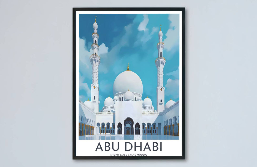 Emirati travel art print of Sheikh Zayed Grand Mosque in Abu Dhabi showcasing grand white domes, soaring minarets, and blue sky contrast. Made by MapYourDreams, this artwork is available in flexible options including unframed paper, custom wooden frames, and gallery canvas wraps for living space wall art.