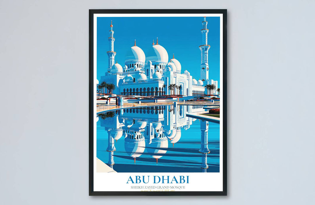 Emirati travel art print of Sheikh Zayed Grand Mosque in Abu Dhabi showcasing white domes, minarets, and vibrant blue pool reflection contrast. Made by MapYourDreams, this artwork is available in flexible options including unframed paper, custom wooden frames, and gallery canvas wraps for living space wall art.