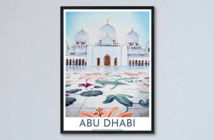 Emirati travel art print of Sheikh Zayed Grand Mosque in Abu Dhabi showcasing marble floral mosaics, white domes, and gentle watercolor washes. Made by MapYourDreams, this artwork is available in flexible options including unframed paper, custom wooden frames, and gallery canvas wraps for living space wall art.