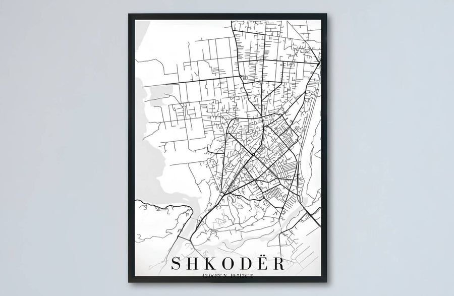 Elevate your living room or study with a modern minimalist road map of Shkodër and the surrounding northern region of Albania. MapYourDreams produces this image in unframed paper, custom wooden frames, and stretched canvas options.