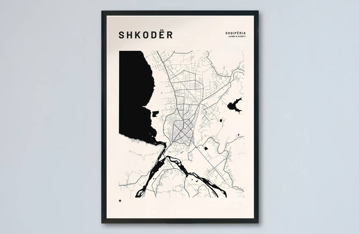 Elevate your living room or study with a modern minimalist hydrology map of Shkodër and its iconic lake basin in northern Albania. MapYourDreams produces this image in unframed paper, custom wooden frames, and stretched canvas options.