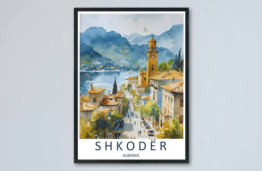 Golden ochre highlights and deep indigo pigments meet along the historic townscape of Shkodër in this balanced watercolor artwork. MapYourDreams makes this available in unframed paper, custom wooden frames, and stretched canvas options.