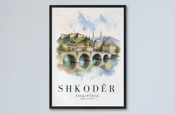 Stone beige highlights and serene blue pigments meet along the historic river of Shkodër in this balanced watercolor artwork. MapYourDreams makes this available in unframed paper, custom wooden frames, and stretched canvas options.