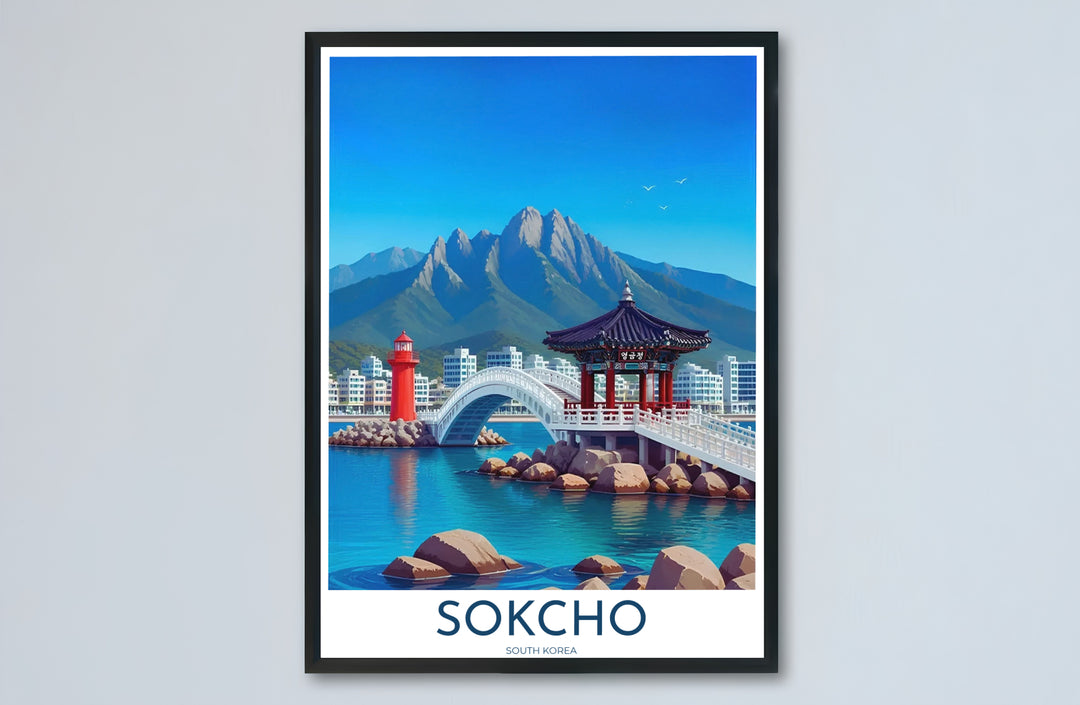Architectural coastal wall decor capturing Yeonggeumjeong Pavilion and Seoraksan mountain peaks in South Korea, offered by MapYourDreams in versatile choices including unframed matte paper, wooden frames, and canvas wraps that transform empty room walls into captivating art displays.
