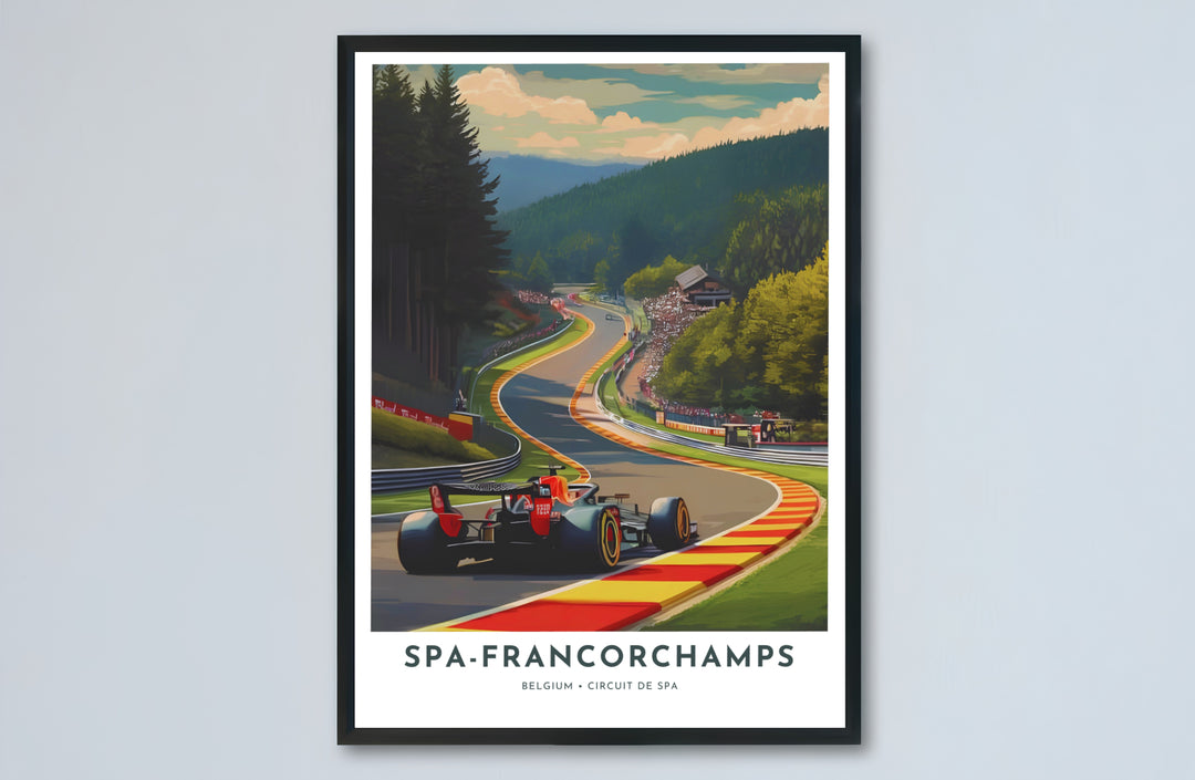Detailed illustration of the legendary Spa-Francorchamps track layout in Belgium, surrounded by lush European pine trees. Offered by MapYourDreams, this artwork is available in flexible options including unframed paper, custom wooden frames, and gallery canvas wraps.