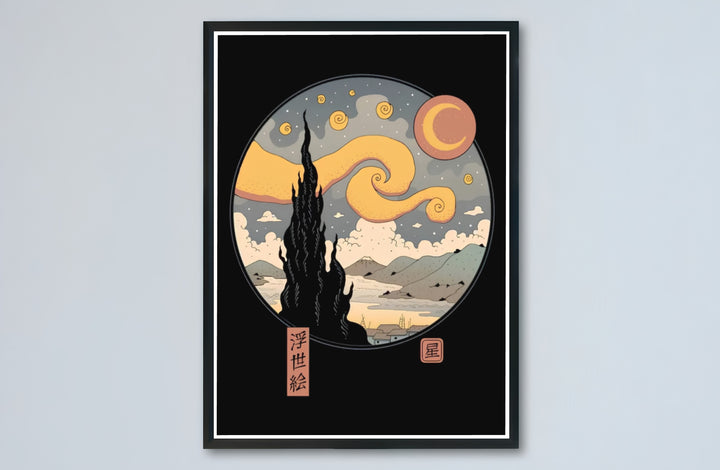 European and Japanese artistic tribute print of Vincent van Gogh Starry Night Ukiyo E 1889 capturing landscape harmony in Saint-Rémy-de-Provence with Mount Fuji. MapYourDreams presents quality framed wall art, unframed print options, and stretched canvas choices for curated studio wall setups.