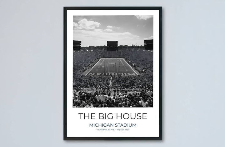 Fine art travel poster of Michigan Stadium with clean title text and subtitle reading MICHIGAN STADIUM EST 1927. Provided by MapYourDreams, this artwork is available in flexible options including unframed paper, custom wooden frames, and gallery canvas wraps for contemporary setups.