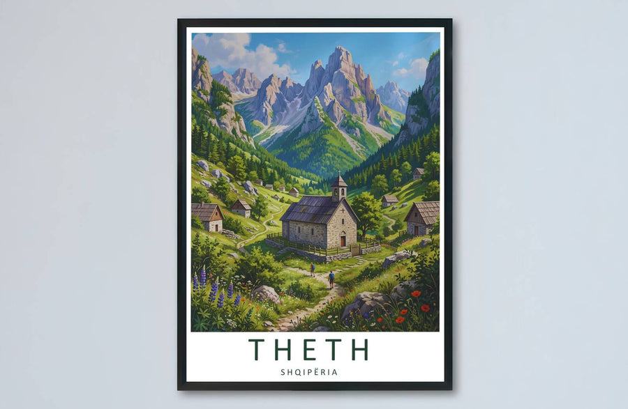 Emerald foliage and stone grey masonry meet in the picturesque alpine valley of Theth in this balanced travel poster artwork. MapYourDreams makes this available in unframed paper, custom wooden frames, and stretched canvas options.