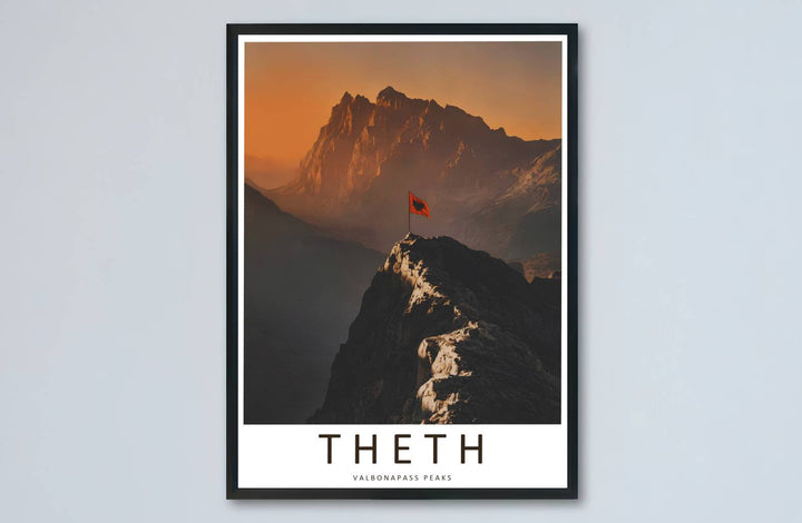 Amber highlights and serene mountain pigments meet along the historic hiking pass of Valbona in this balanced photographic poster artwork. MapYourDreams makes this available in unframed paper, custom wooden frames, and stretched canvas options.