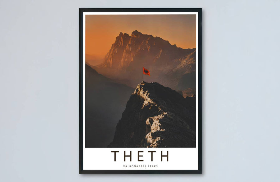 Amber highlights and serene mountain pigments meet along the historic hiking pass of Valbona in this balanced photographic poster artwork. MapYourDreams makes this available in unframed paper, custom wooden frames, and stretched canvas options.
