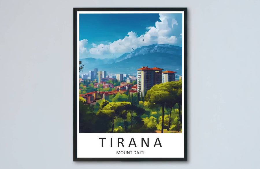 Emerald highlights and deep blue pigments meet along the expansive skyline of Tirana in this balanced poster artwork. MapYourDreams makes this available in unframed paper, custom wooden frames, and stretched canvas options.