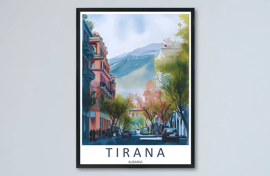 Coral highlights and serene blue pigments meet along the historic avenue of Blloku in this balanced watercolor artwork. MapYourDreams makes this available in unframed paper, custom wooden frames, and stretched canvas options.