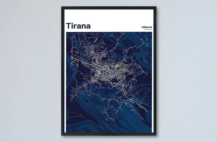 Elevate your living room or study with a modern minimalist vertical road map of Tirana and its surrounding metropolitan area in central Albania. MapYourDreams produces this image in unframed paper, custom wooden frames, and stretched canvas options.