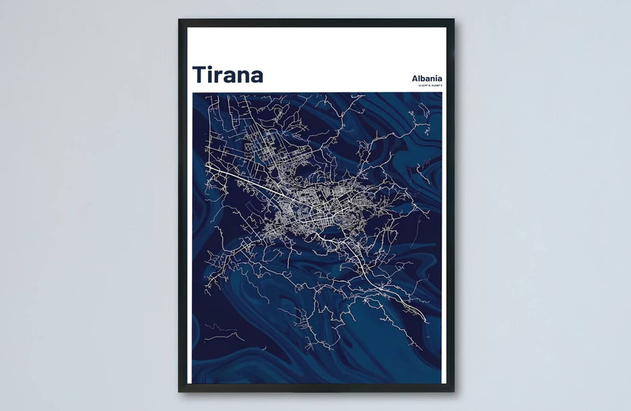 Elevate your living room or study with a modern minimalist vertical road map of Tirana and its surrounding metropolitan area in central Albania. MapYourDreams produces this image in unframed paper, custom wooden frames, and stretched canvas options.