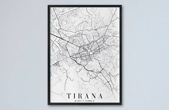 Elevate your living room or study with a modern minimalist vertical road map of Tirana and its surrounding metropolitan area in central Albania. MapYourDreams produces this image in unframed paper, custom wooden frames, and stretched canvas options.