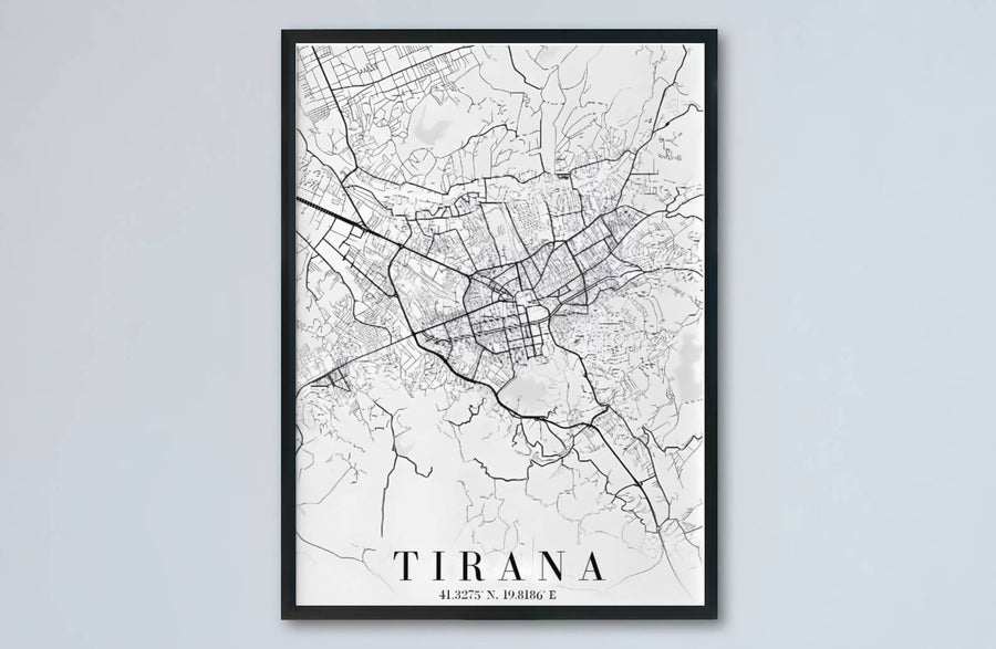 Elevate your living room or study with a modern minimalist vertical road map of Tirana and its surrounding metropolitan area in central Albania. MapYourDreams produces this image in unframed paper, custom wooden frames, and stretched canvas options.
