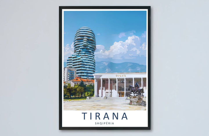 Emerald highlights and deep blue pigments meet along the expansive skyline of Tirana in this balanced poster artwork. MapYourDreams makes this available in unframed paper, custom wooden frames, and stretched canvas options.