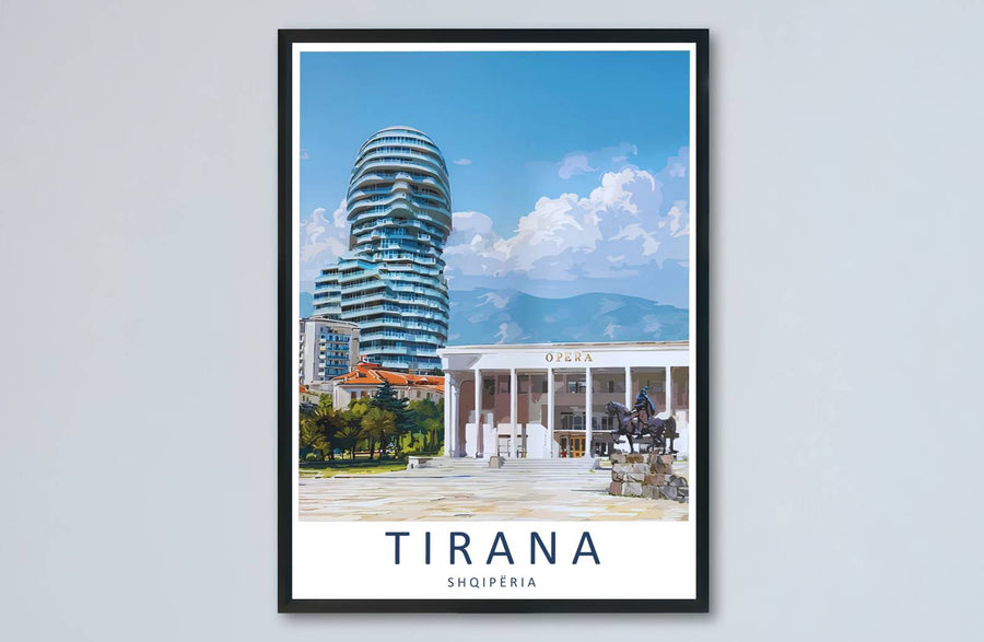 Emerald highlights and deep blue pigments meet along the expansive skyline of Tirana in this balanced poster artwork. MapYourDreams makes this available in unframed paper, custom wooden frames, and stretched canvas options.