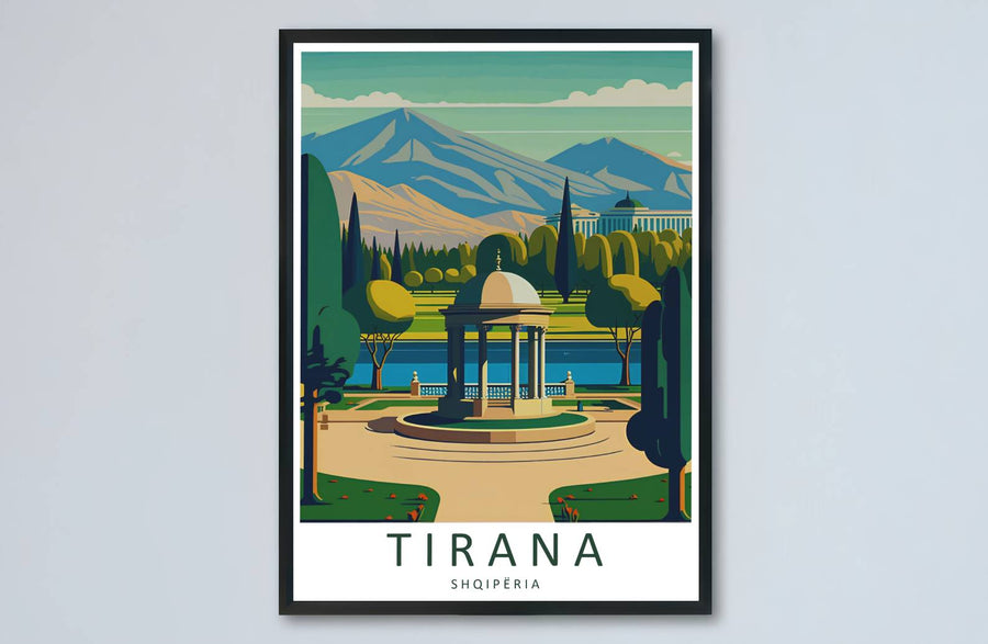 Forest green highlights and serene lake blue pigments meet across the expansive park landscape of Tirana in this balanced poster artwork. MapYourDreams makes this available in unframed paper, custom wooden frames, and stretched canvas options.