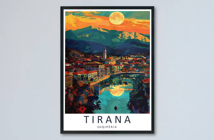 Amber highlights and serene twilight pigments meet across the sprawling urban landscape of Tirana in this balanced sunset painting artwork. MapYourDreams makes this available in unframed paper, custom wooden frames, and stretched canvas options.