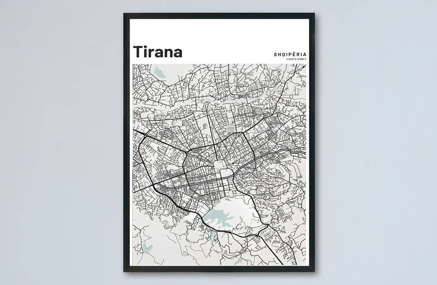 Elevate your living room or study with a modern minimalist vertical road map of Tirana and its surrounding metropolitan area in central Albania. MapYourDreams produces this image in unframed paper, custom wooden frames, and stretched canvas options.