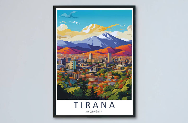Sunset highlights and deep blue pigments meet along the expansive skyline of Tirana in this balanced poster artwork. MapYourDreams makes this available in unframed paper, custom wooden frames, and stretched canvas options.