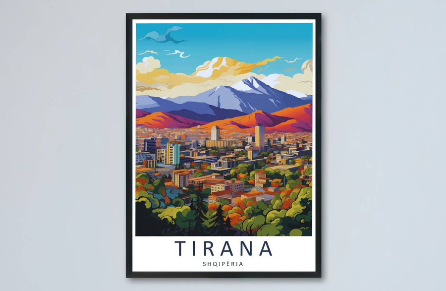 Sunset highlights and deep blue pigments meet along the expansive skyline of Tirana in this balanced poster artwork. MapYourDreams makes this available in unframed paper, custom wooden frames, and stretched canvas options.