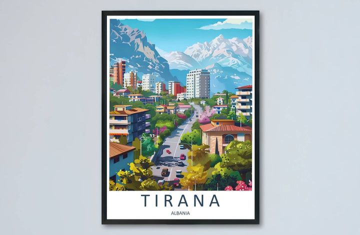 Sunlight highlights and crisp blue pigments meet across the expansive street landscape of Tirana in this balanced poster artwork. MapYourDreams makes this available in unframed paper, custom wooden frames, and stretched canvas options.