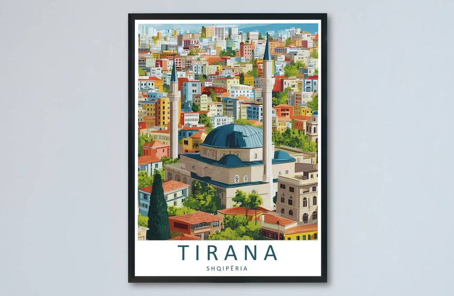 Sunlight highlights and deep teal pigments meet across the expansive cityscape of Tirana in this balanced vector poster artwork. MapYourDreams makes this available in unframed paper, custom wooden frames, and stretched canvas options.