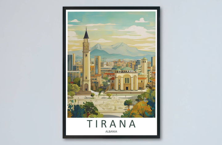 Sunlight highlights and warm stone pigments meet across the expansive cityscape of Tirana in this balanced retro poster artwork. MapYourDreams makes this available in unframed paper, custom wooden frames, and stretched canvas options.
