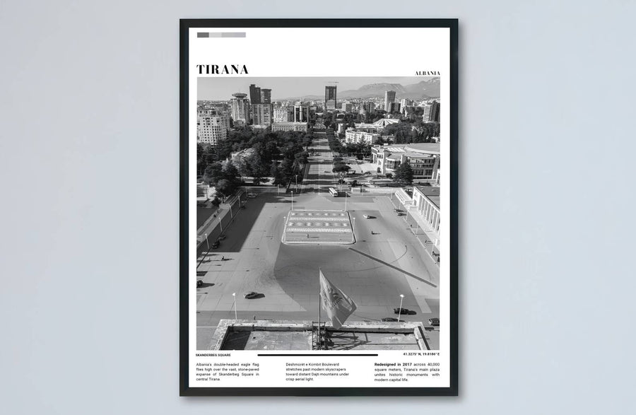 High-contrast monochromatic pigments meet across the expansive plaza landscape of Tirana in this balanced Black &amp; White photographic poster artwork. MapYourDreams makes this available in unframed paper, custom wooden frames, and stretched canvas options.