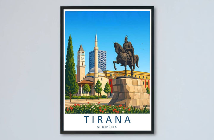 Sunlight highlights and bronze statue pigments meet across the expansive cityscape of Tirana in this balanced vector poster artwork. MapYourDreams makes this available in unframed paper, custom wooden frames, and stretched canvas options.